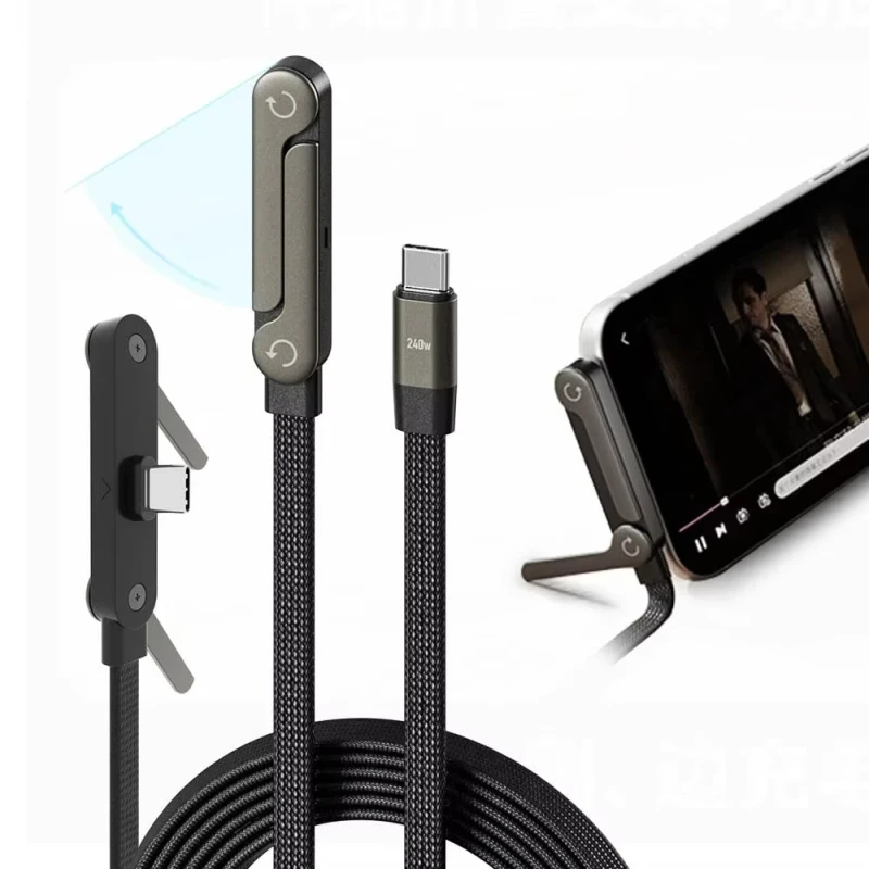 240W-USB-C-To-C-Fast-Charging-Cable-With-Foldable-Phone-Holder-90-Degree-Elbow-For-Game-Tablet-Laptop-2In1-Charging-Cable