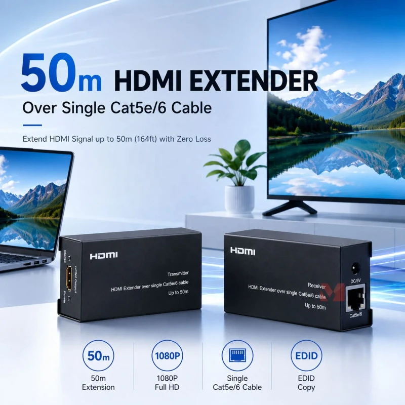50m-HDMI-Extender-Over-Single-Cat5e-6-Cable-1080P-Full-HD-EDID-HDMI-Signal-Extension-Kit