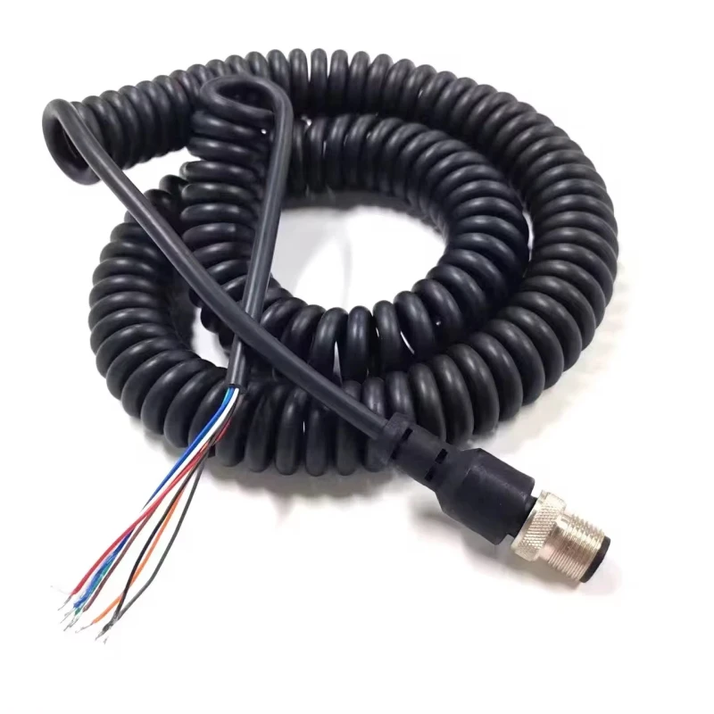 8-Pin-M8-M12-M16-Waterproof-Sensor-Connector-to-Stripped-End-Spiral-Coiled-Cable-DC-Power-Cords-Extension-Cords