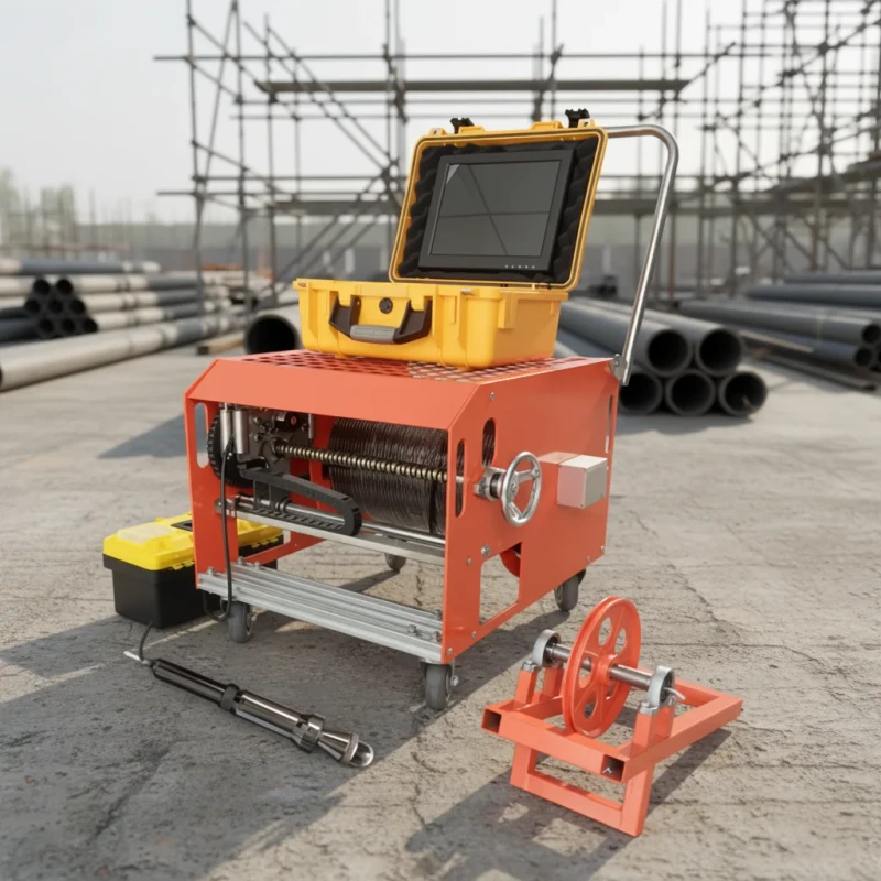 80mm-Spherical-PTZ-High-Accuracy-Borehole-Camera-12-Inch-LED-Monitor-Portable-Trolley-Automatic-Cable-Wiring-600m-220V