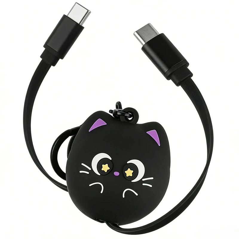 Black-Cat-Retractable-60W-Fast-Charging-Cable-24cm-USB-C-to-USB-C-Cord-Mobile-Phone-Laptop-USB-Type-C-Data-Cable