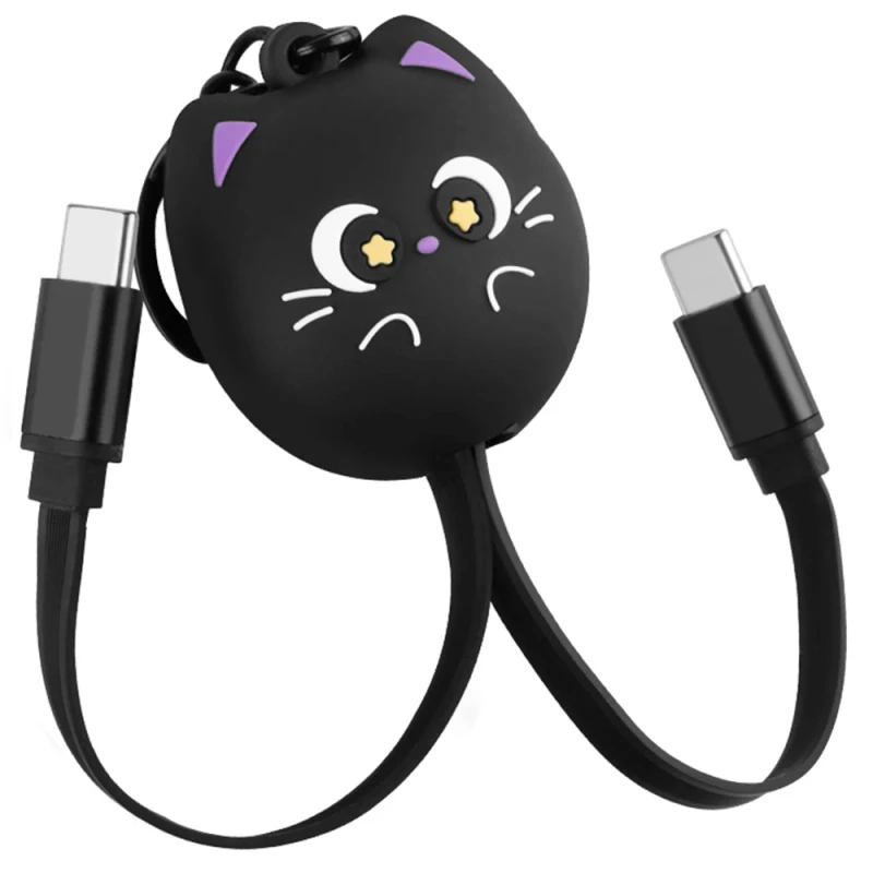 Black-Cat-Retractable-60W-Fast-Charging-Cable-Cartoon-Type-C-to-Type-C-Keychain-Animal-Type-C-USB-Data-Cable
