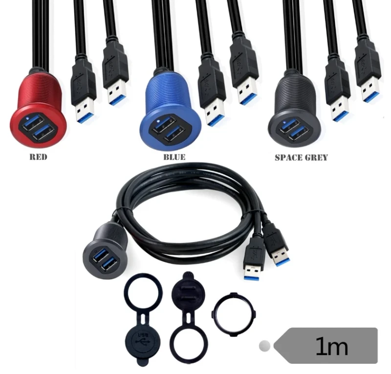 Dual-Port-USB-2.0-3.0-Copper-Core-12V-Metal-Waterproof-Panel-Mount-Cable-with-Indicator-Light-for-Dashboard-Car-Data-Transfer