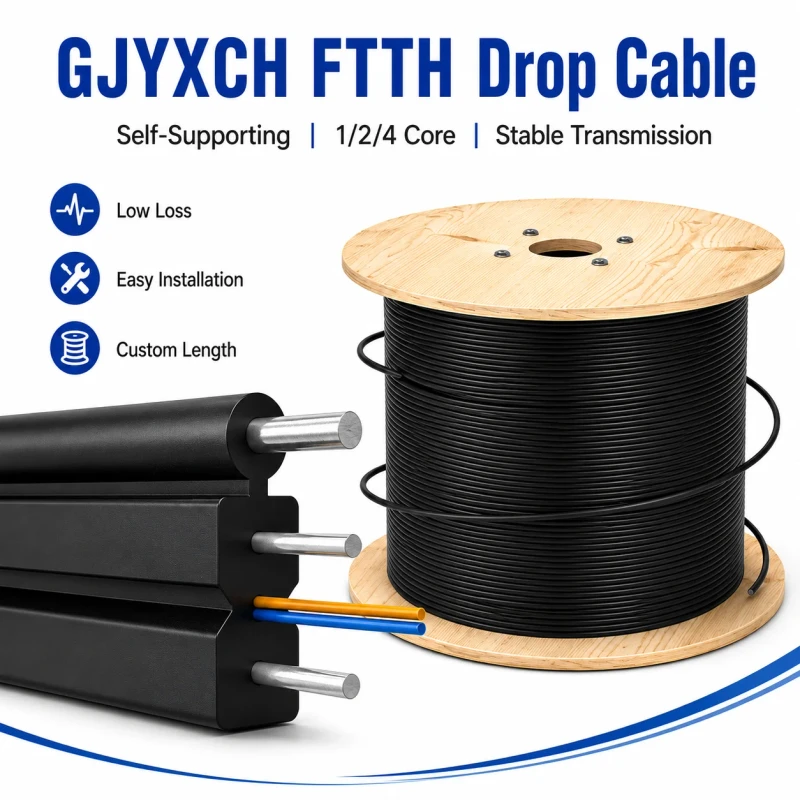 FTTH-Drop-Cable-Single-Mode-2-Core-FRP-Strength-Member-Fiber-Optic-Drop-Cable-GJYXCH-1