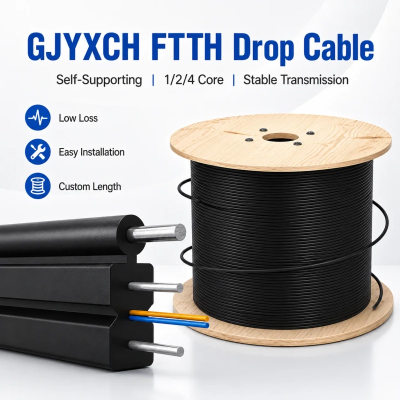 FTTH-Drop-Cable-Single-Mode-2-Core-FRP-Strength-Member-Fiber-Optic-Drop-Cable-GJYXCH