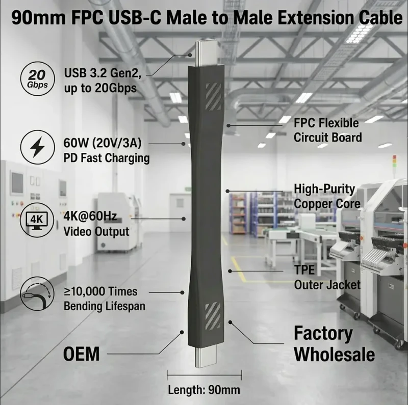 Factory-OEM-USB-C-Male-Extension-Cable-FPC-Flat-Design-115mm-4K-Video-Output-20Gbps-Transfer-TPE-Jacket-Custom-Specification