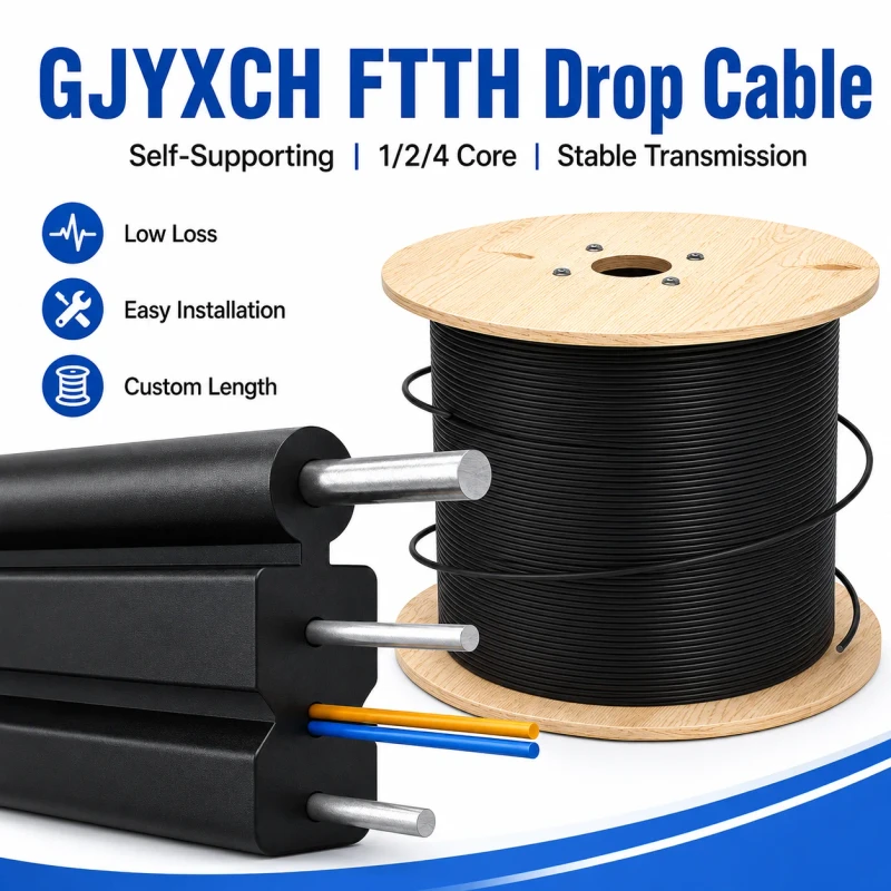 Factory-Supply-FTTH-Drop-Cable-Single-Mode-1-Core-Steel-Wire-Messenger-Fiber-Drop-Cable-GJYXCH