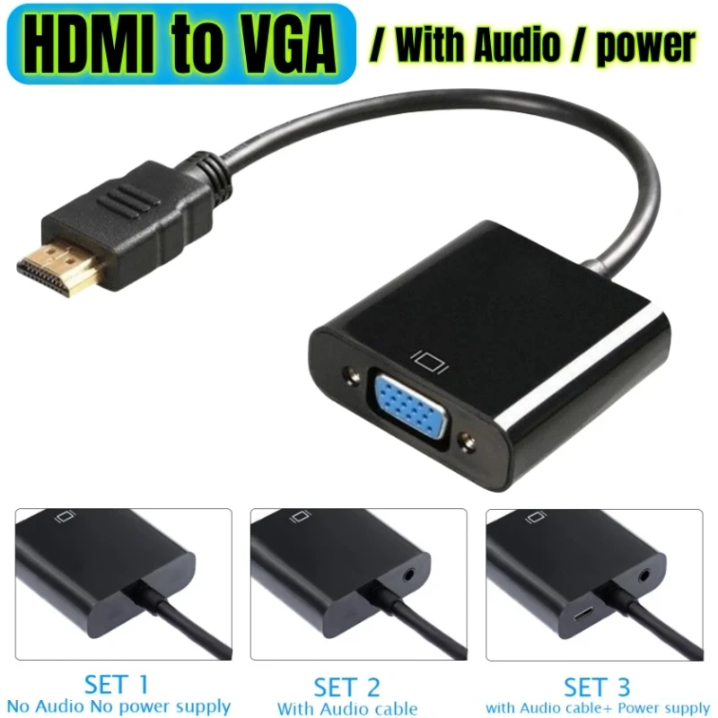 HDMI-to-VGA-Adapter-With-3.5mm-Audio-Extractor-Power-Supply-Conversion-Cable-HDMI-Male-to-VGA-Female-Video-Converter-Adapter-PC