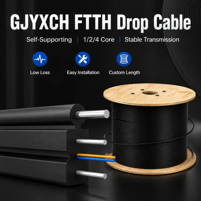 High-Tensile-FTTH-Drop-Cable-Single-Mode-2-Core-LSZH-Butterfly-Fiber-Optic-Drop-Cable-GJYXCH