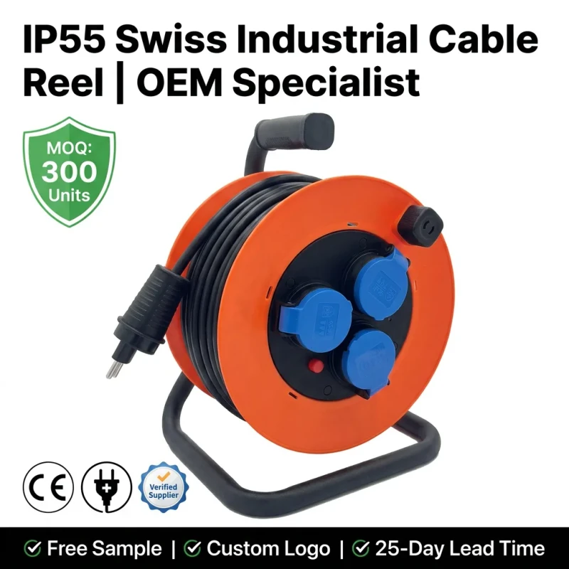 IP55-Swiss-10A-230V-3-Way-T13-Sockets-Cable-Reel-with-Indicator-Light-and-Thermal-Cut-out-and-25-33-40-50m-H07RN-F-3-1.5-2.5mm-Cable