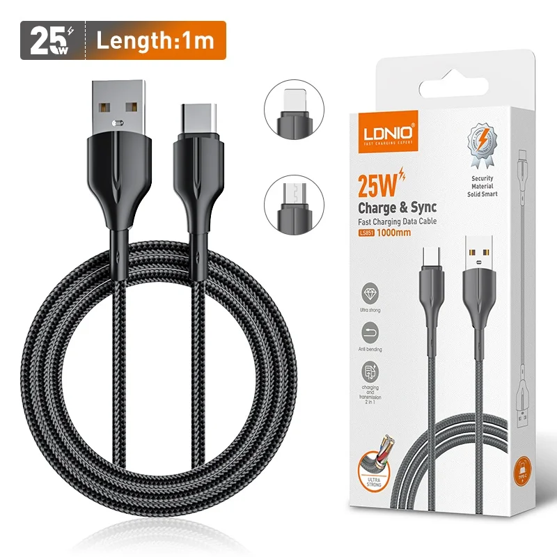 LDNIO-LS851-Factory-Sales-25W-Fast-Charging-Data-Cable-Set-1M-2M-Braided-Data-Cable