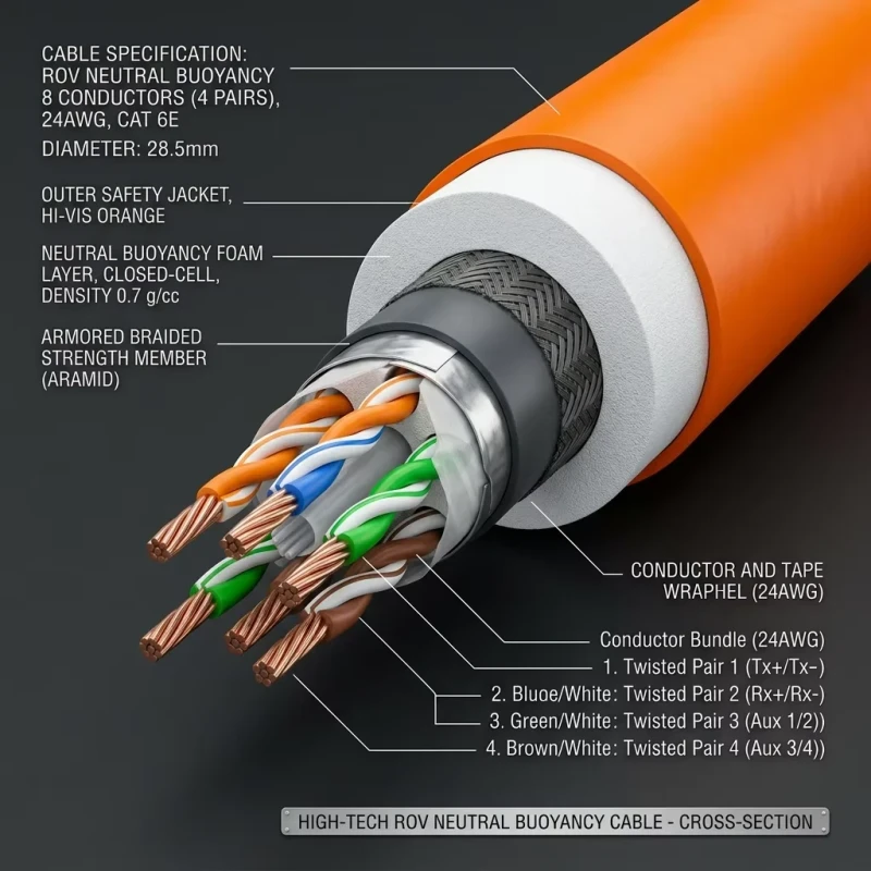 Neutral-Buoyancy-ROV-Tether-Cable-4-Pair-24-26AWG-Twisted-Pair-IP68-5MPa-100Mbps-Gigabit-Ethernet-150m-500m-Reel