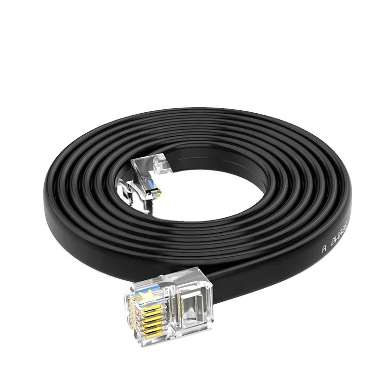 Telephone-Cable-RJ12-6P6C-Straight-Modular-Connector-Flat-Cord-Cable-Black-Grey-with-Indoor-Modular-Plug-Custom-Meter