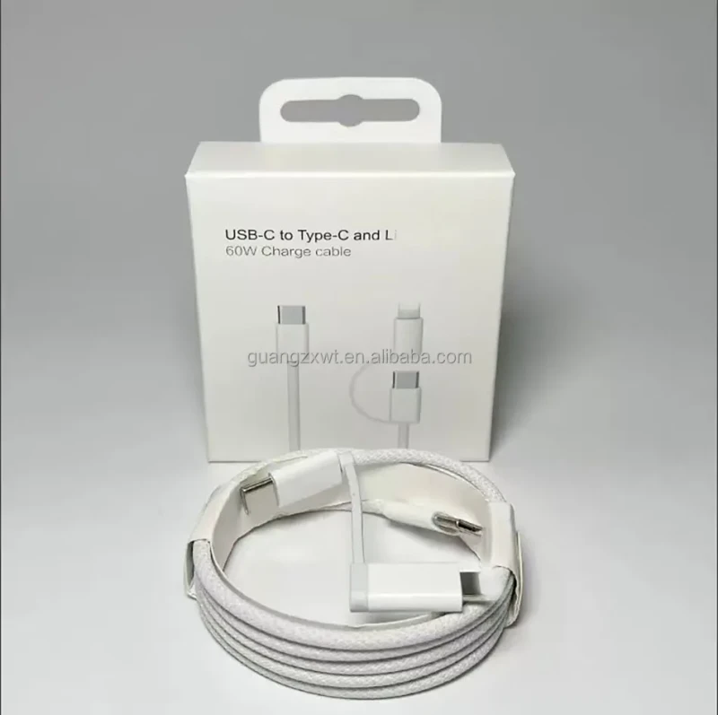 USB-Type-C-60W-Two-in-One-PD-Fast-Charging-Braided-Nylon-Data-Cable-1m-Compatible-for-Apple-Android-and-Huawei-Mobile-Phones