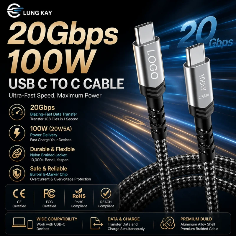 USB3.1-Gen2-100W-20Gbps-Nylon-Braided-Data-Cable-5A-Fast-Charging-Thunderbolt-4-USB-Type-C-Custom-Length-Computer